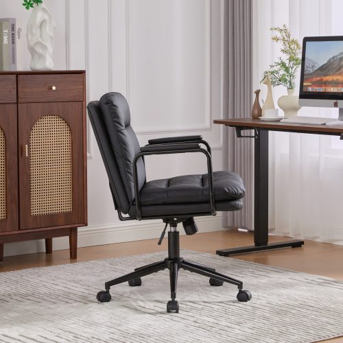 Office Chair,Mid Back Home Office Desk Task Chair with Wheels and Arms Ergonomic PU Leather Computer Rolling Swivel Chair with Padded Armrest,The back of the chair can recline 40¡ã (Black),SW1741BK