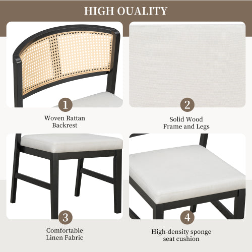 Set of 2 Rattan Dining Chairs with Upholstered Seat, Curved Rattan Back and Rubber Wood Frame, Black