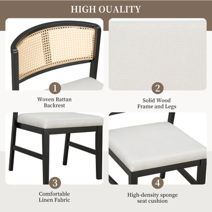 Set of 2 Rattan Dining Chairs with Upholstered Seat, Curved Rattan Back and Rubber Wood Frame, Black