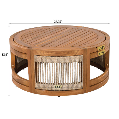 27.95" Acacia Wood Outdoor Coffee Table - Handwoven Rope Accent Boho Patio Table with All-Weather Durability
