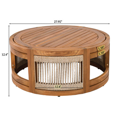 27.95" Acacia Wood Outdoor Coffee Table - Handwoven Rope Accent Boho Patio Table with All-Weather Durability