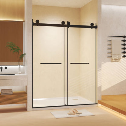Frameless Double Sliding Shower Door 56-60 "W x 74" H, 5/16 "(8mm) Tempered Glass, Explosion Proof Film, Stainless Steel Handle, Square Tube Track, Matte Black