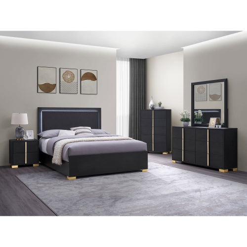 Black 2-Drawer Nightstand with Gold Accents, Modern Art Deco Bedside Table