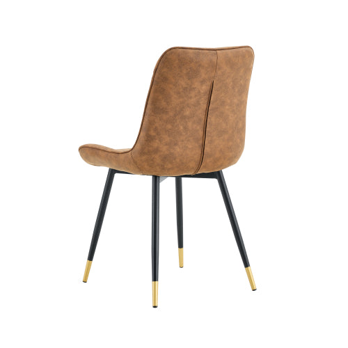 Set of 2 Brown Leathaire Tech Fabric Dining Chairs, Black Semi-Gloss Metal Leg Gold Trim Adjustable Feet Vertical Stitch High Back