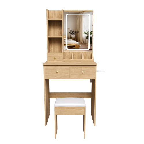 Modern Small Vanity Desk w/ 3-Color LED Mirror, 3 Drawers, Power Outlet, Hair Dryer Holder & Chair, Black
