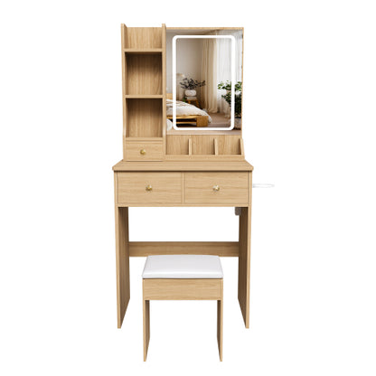 Modern Small Vanity Desk w/ 3-Color LED Mirror, 3 Drawers, Power Outlet, Hair Dryer Holder & Chair, Black