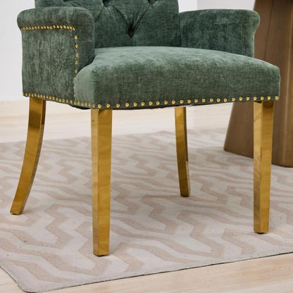 Tufted Chenille Dining Armchair with Nailhead Trim and Steel Legs, Olive Green