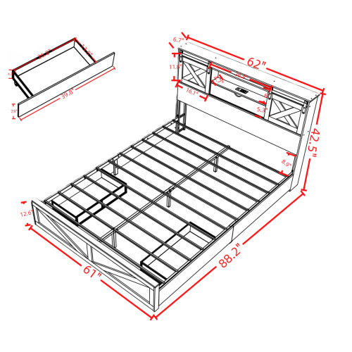 Farmhouse Bed Frame Queen Size with LED Lights and Charging Station, Wooden Queen Bed with 2 Storage Drawers, Rustic Headboard with Sliding Barn Door Storage Cabinets