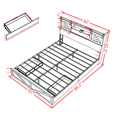 Farmhouse Bed Frame Queen Size with LED Lights and Charging Station, Wooden Queen Bed with 2 Storage Drawers, Rustic Headboard with Sliding Barn Door Storage Cabinets