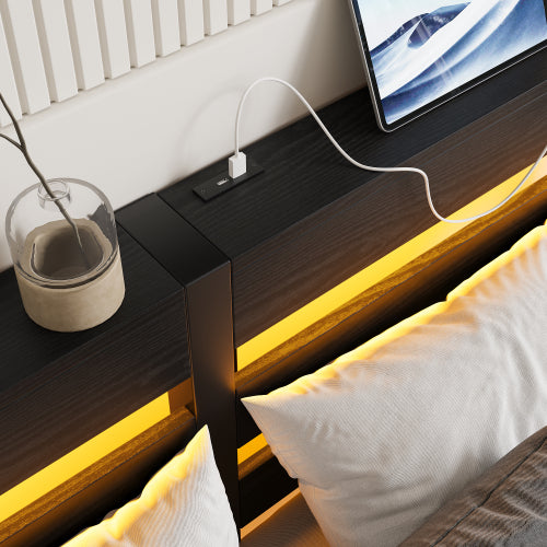 Full Size Metal Bed Frame with Wooden Headboard, RGB Lights, Outlets & Charger, Storage Shelf, Noise-Free, No Box Spring Needed