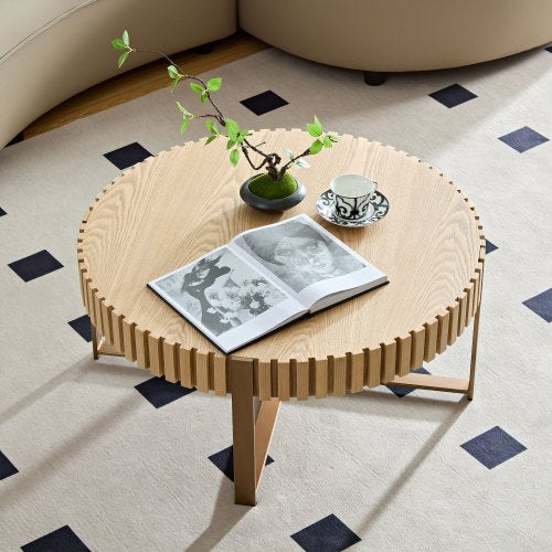 31.5inch  Round Drum Coffee Table MDF Metal Pedestal Base Modern Natural Ash Accent Table