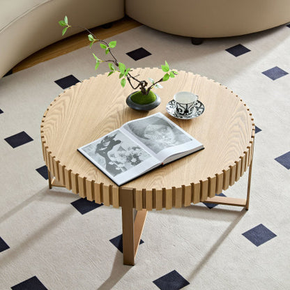 31.5inch  Round Drum Coffee Table MDF Metal Pedestal Base Modern Natural Ash Accent Table