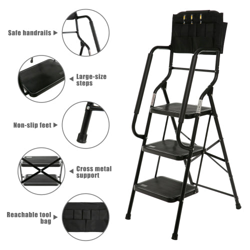 3 Step Ladder with Handrails 500 lb Capacity Step Stool Folding Ladders for Home Kitchen Steel Frame with Safety Side Handrails Non-Slip Wide Pedal Stepladder with Attachable Tool Bag Black