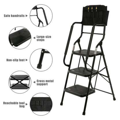 3 Step Ladder with Handrails 500 lb Capacity Step Stool Folding Ladders for Home Kitchen Steel Frame with Safety Side Handrails Non-Slip Wide Pedal Stepladder with Attachable Tool Bag Black