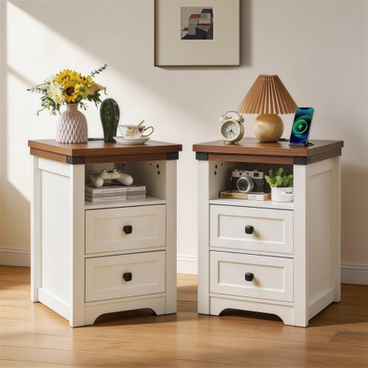 White Farmhouse Nightstand with Charging Station