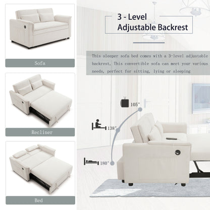 Beige 55 inch  Velvet 3-in-1 Pull-Out Loveseat Sofa-Bed,USB & Side Pockets
