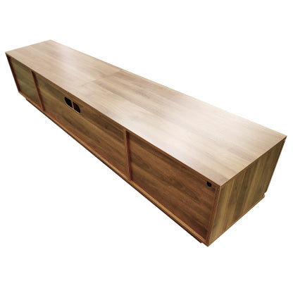 78.74 inch Walnut 4 Door PE Rattan Legless TV Stand Large Hidden Storage Media Console For 85 inch TV