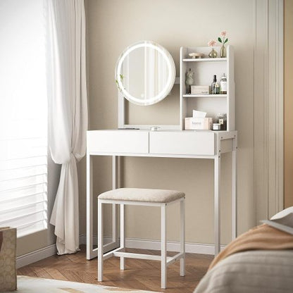 White Vanity Desk with LED Lighted Mirror, 3 Modes, USB Outlet, Drawer & Stool