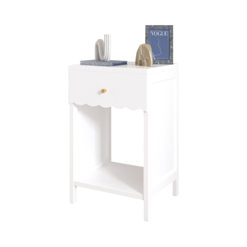 Modern White Nightstand with Drawer and Open Shelf,Scalloped Edge Bedside Table for Bedroom, Cute Minimalist Side Table for Kids Room or Girls' Room