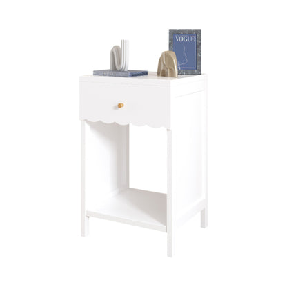 Modern White Nightstand with Drawer and Open Shelf,Scalloped Edge Bedside Table for Bedroom, Cute Minimalist Side Table for Kids Room or Girls' Room