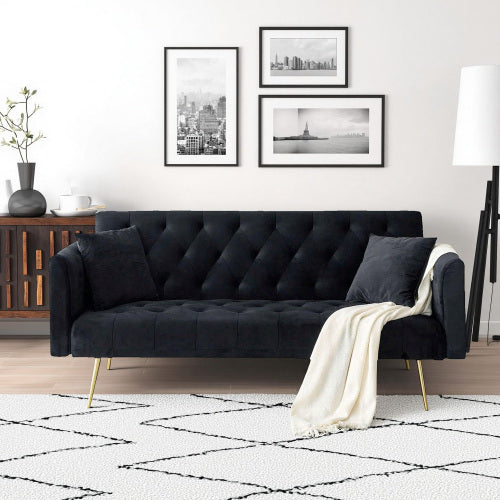 71-Inch Black Velvet Foldable Retro Double Sofa Bed for Small Spaces