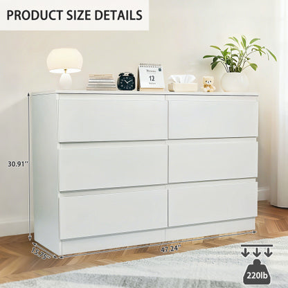 6 Drawer White Dresser, Modern Dresser for Bedroom with Spacious Countertop, Wood Storage Cabinet with Concealed Handles & 6 Deep Drawers for Bedroom, Living Room, Entryway, 15.7" D x 47.2" W x 30.9"