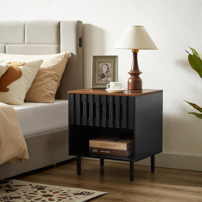 2 Pack Black Nightstands, Mid-Century Cabinet with Grille Striped Doors & Metal Legs