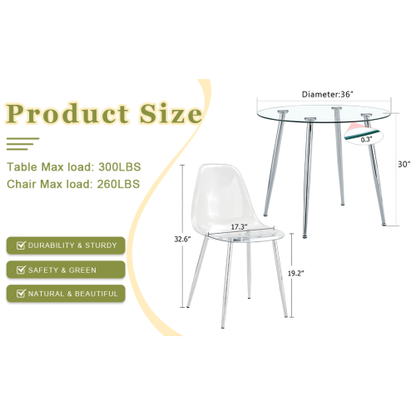 5-Piece Modern Round Glass Dining Set, Transparent Tempered Glass Table & Chairs with Silver Metal Legs