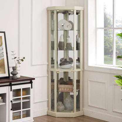 Antique White Corner Lighted Glass Curio Cabinet Adjustable Shelf Magnetic Door Home Collection Wine Display Cabinet