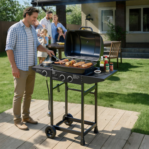 2 Burner BBQ Propane Gas Grill with Side Burner 24000 BTU Output Stainless Steel Barbecue Grill with Enameled Grates and Side Tables for Outdoor Cooking Kitchen and Patio Backyard