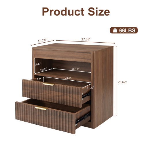 Walnut Nightstand with 2 Drawers, Open Shelf, Outlet and Pull-Out Tray