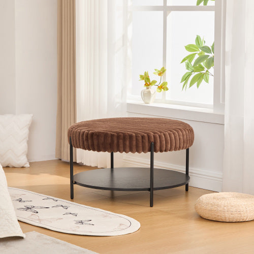 30.9 inch Round Faux Fur Ottoman Coffee Table with Storage Shelf