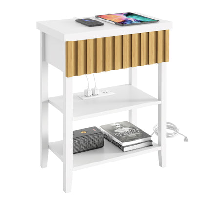 White Fluted Nightstand with Charging Station