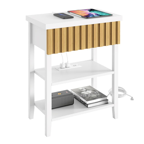 White Fluted Nightstand with Charging Station