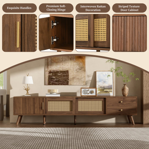 76.7 inch Natural Wood PE Rattan TV Stand Rubber Wood Leg Media Console Fits Up To 85 inch TV