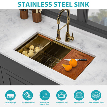 Single Bowl Undermount Workstation Gold Kitchen Sink - 36" x 19" x 9" Inch 16 Gauge Stainless Steel Deep Sink