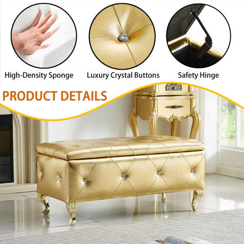 Gold Faux Leather Storage Ottoman Bench with Crystal Buttons, Metal Legs 380 LBS Capacity for Bedroom Entryway