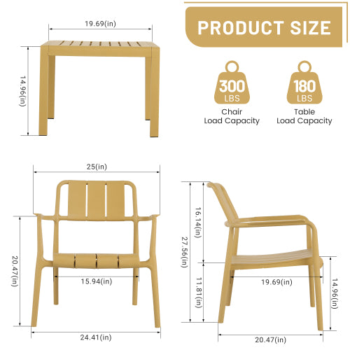 Holiday - 2-Piece PP Single-Seater Chairs + Coffee Table Set – Indoor/Outdoor Multi-Purpose Furniture for Living Room, Balcony, Beach (No Assembly Chairs, Easy Setup Table) – Polypropylene, Yellow
