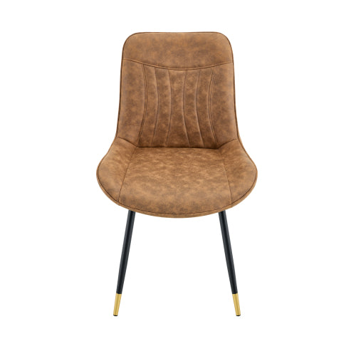 Set of 2 Brown Leathaire Tech Fabric Dining Chairs, Black Semi-Gloss Metal Leg Gold Trim Adjustable Feet Vertical Stitch High Back
