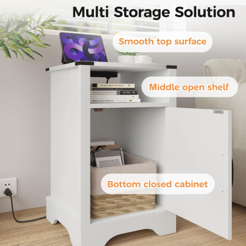 Farmhouse Nightstand with Charging Station, Wooden End Table with Storage Cabinet, White