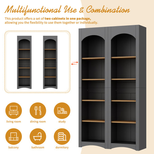 72''H Grey Farmhouse 5-Tier Combined Bookshelf Adjustable Shelf Home Pantry Storage Cabinet Set