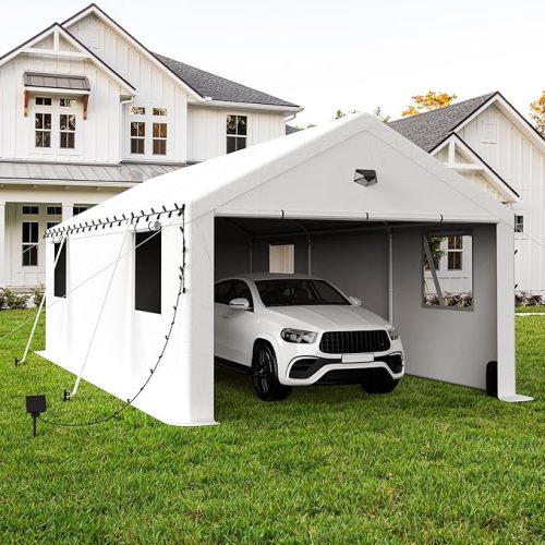 13x25 Carport Canopy, Heavy Duty Car Port, Portable Car Ports Garage with 2 Roll-Up Zipper Drive Through Doors,white