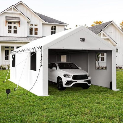 13x25 Carport Canopy, Heavy Duty Car Port, Portable Car Ports Garage with 2 Roll-Up Zipper Drive Through Doors,white