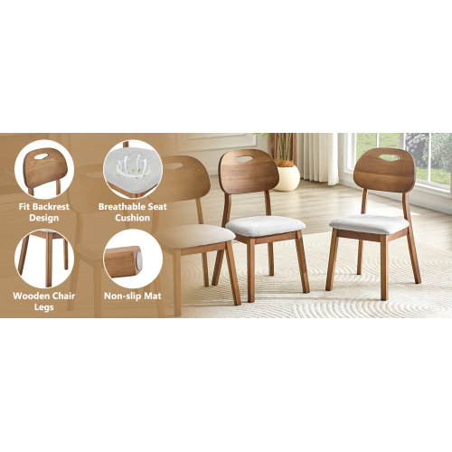 Set of 2 Walnut Solid Wood Dining Chairs, Hollow Back Chairs with Gray Fabric Cushion