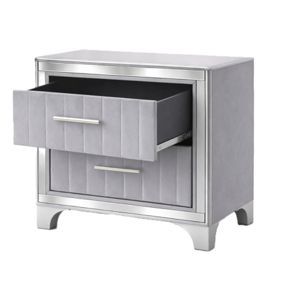 Contemporary Acrylic Nightstand with Two Drawers, Upholstered Bedside Table Featuring Silver Metal Legs, Modern End Table for Bedroom or Living Space (22.64inch  W x 15.75inch  D x 24.13inch  H)