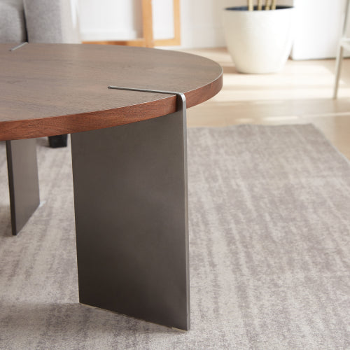 Round Coffee Table, Walnut Wood Top with Black Metal Feet, Eco-Friendly Formaldehyde-Free Accent Table