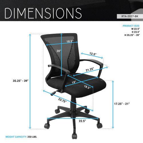 Ergonomic Mesh Office Chair, Breathable Black Task Chair for Home Office or Study with Adjustable Height & Tilt, Affordable Desk Chair with Lumbar Support, Swivel Base & Armrests