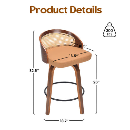 Swivel Bar Stools Set of 2, Modern Wood Frame with Rattan Back, PU Leather Stool for Kitchen Counter, Mid Century Upholstered Barstools with Footrest,Industrial Counter Height Stools