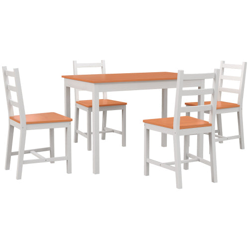 5-Piece Natural Solid Pine Dining Set, Rustic Wood Table & 4 Slatted High Back Chairs