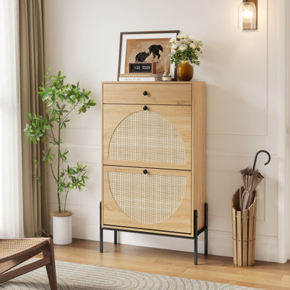 2-Door Shoe Storage Cabinet with Rattan Fronts & Drawer / Freestanding Entryway Organizer with Adjustable Shelf, WOOD